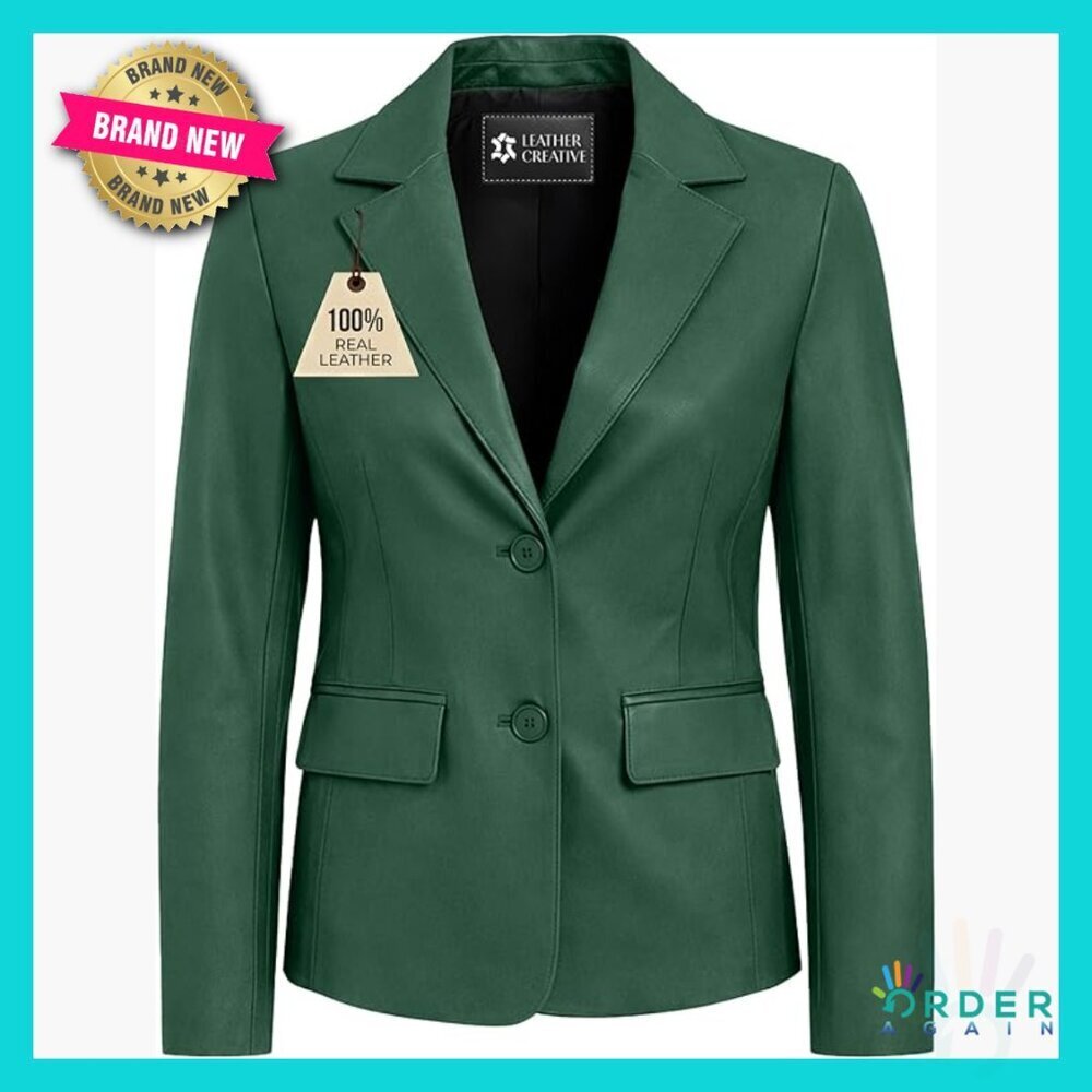 Lambskin Leather Blazer Classic Elegant Notched Lapel Flap Pockets Timeless